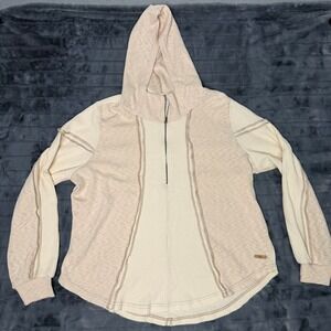 BKE Mens XL Waffle Knit Quarter Zip Hoodie Colorblock Tan Cream Exposed Seams